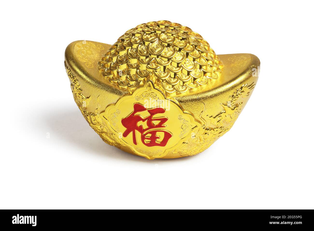 Chinese New Year Gold Ingot Ornament on White Background - translation 'Good Fortune' Stock Photo