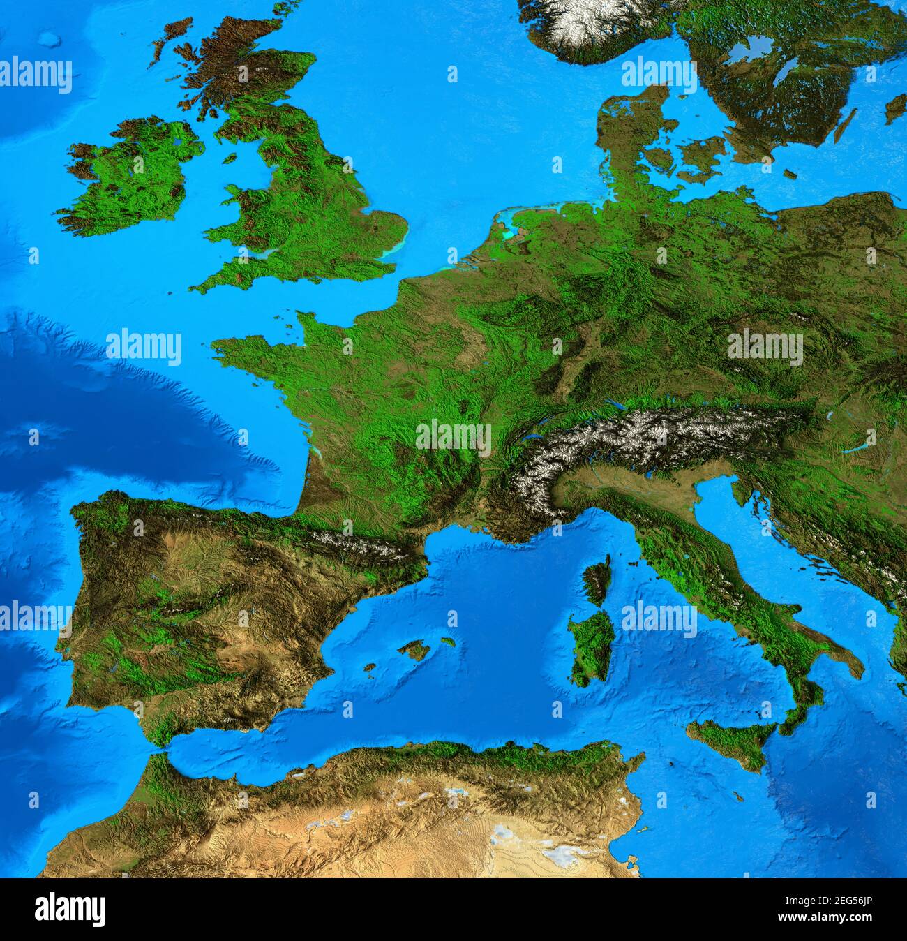 Physical map of Western Europe. Detailed flat view of the Planet Earth and its landforms. 3D illustration - Elements of this image furnished by NASA Stock Photo