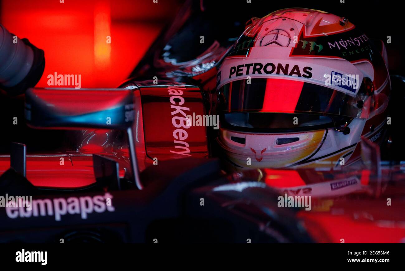 Formula One - F1 - Malaysian Grand Prix 2015 - Sepang International Circuit, Kuala Lumpur, Malaysia - 27/3/15  Mercedes' Lewis Hamilton in the pit during practice  Reuters / Olivia Harris  Livepic Stock Photo