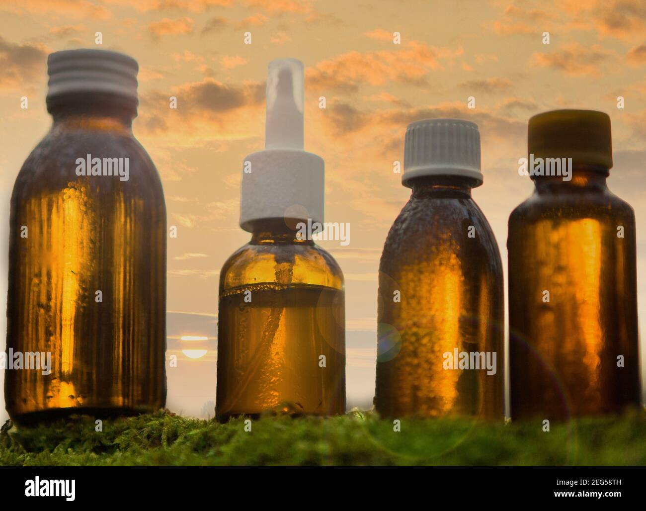 Brown bottles, medicine.  Set of various bottles, medical Stock Photo