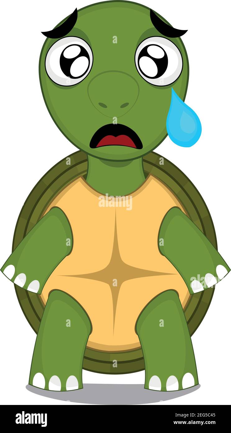 .Vector character illustration of a cartoon turtle with a sad expression, crying and a tear falling from his eye Stock Vector