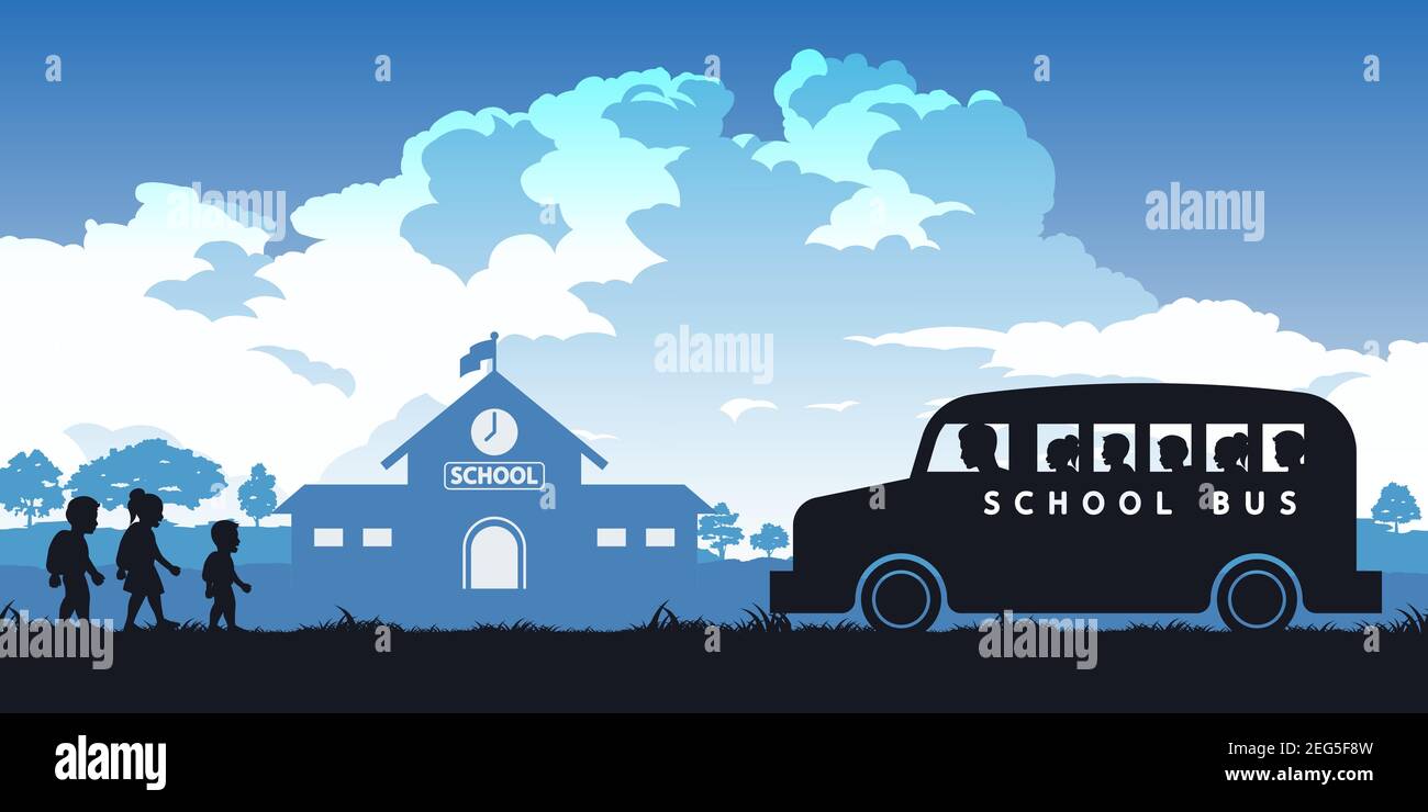 black and color of silhouette design of children going to school,vector illustration Stock Vector