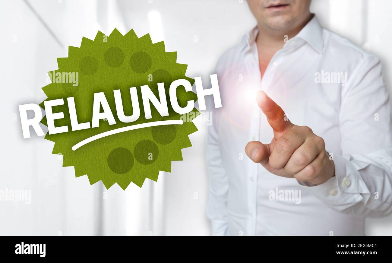Relaunch concept shown by man. Stock Photo