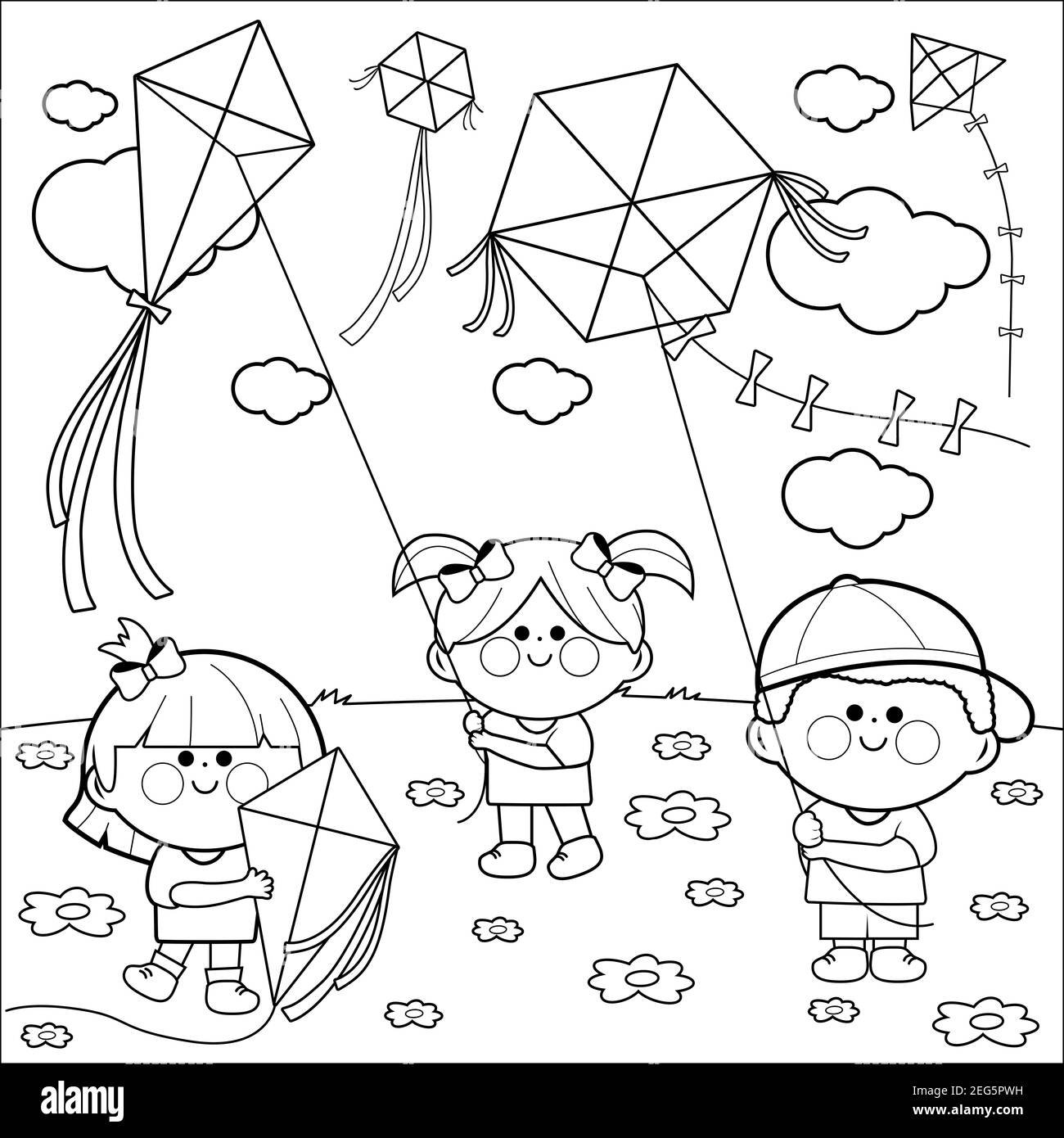 Children flying kites. Black and white coloring page. Stock Photo