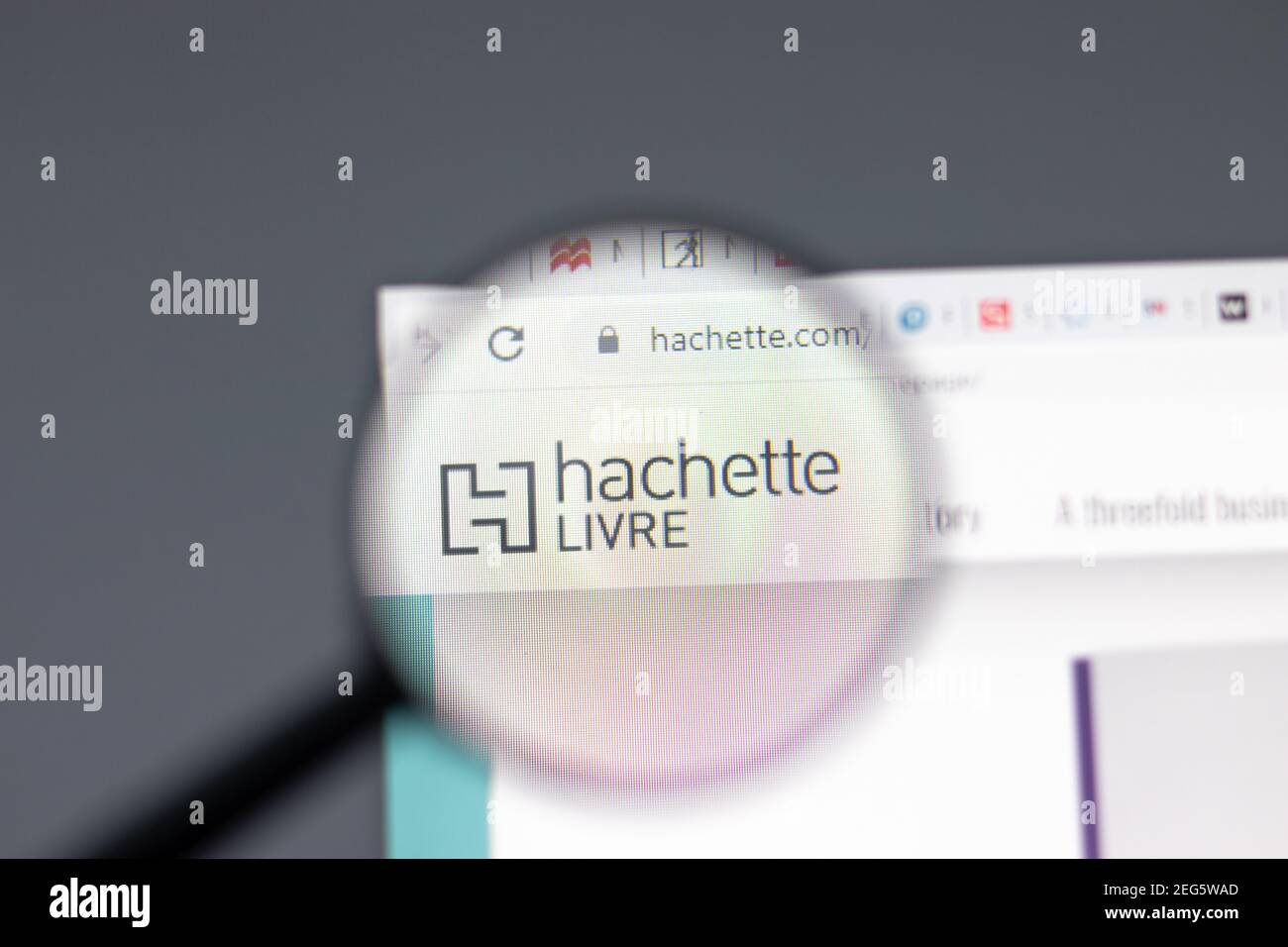 New York, USA - 15 February 2021: Hachette Livre website in browser with company logo, Illustrative Editorial Stock Photo