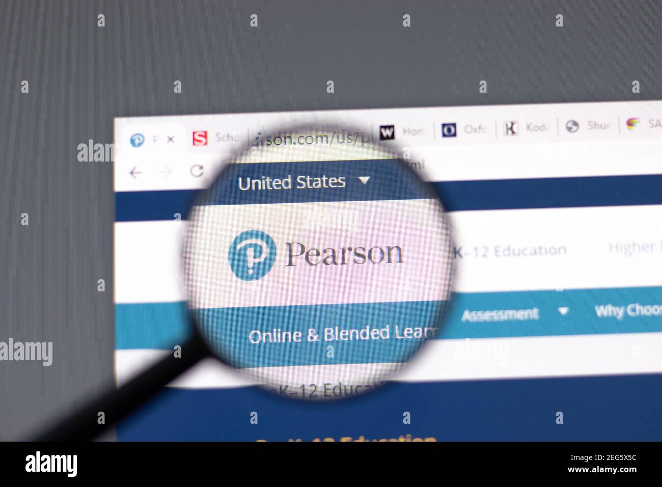 New York, USA - 15 February 2021: Pearson Education website in browser with company logo, Illustrative Editorial Stock Photo