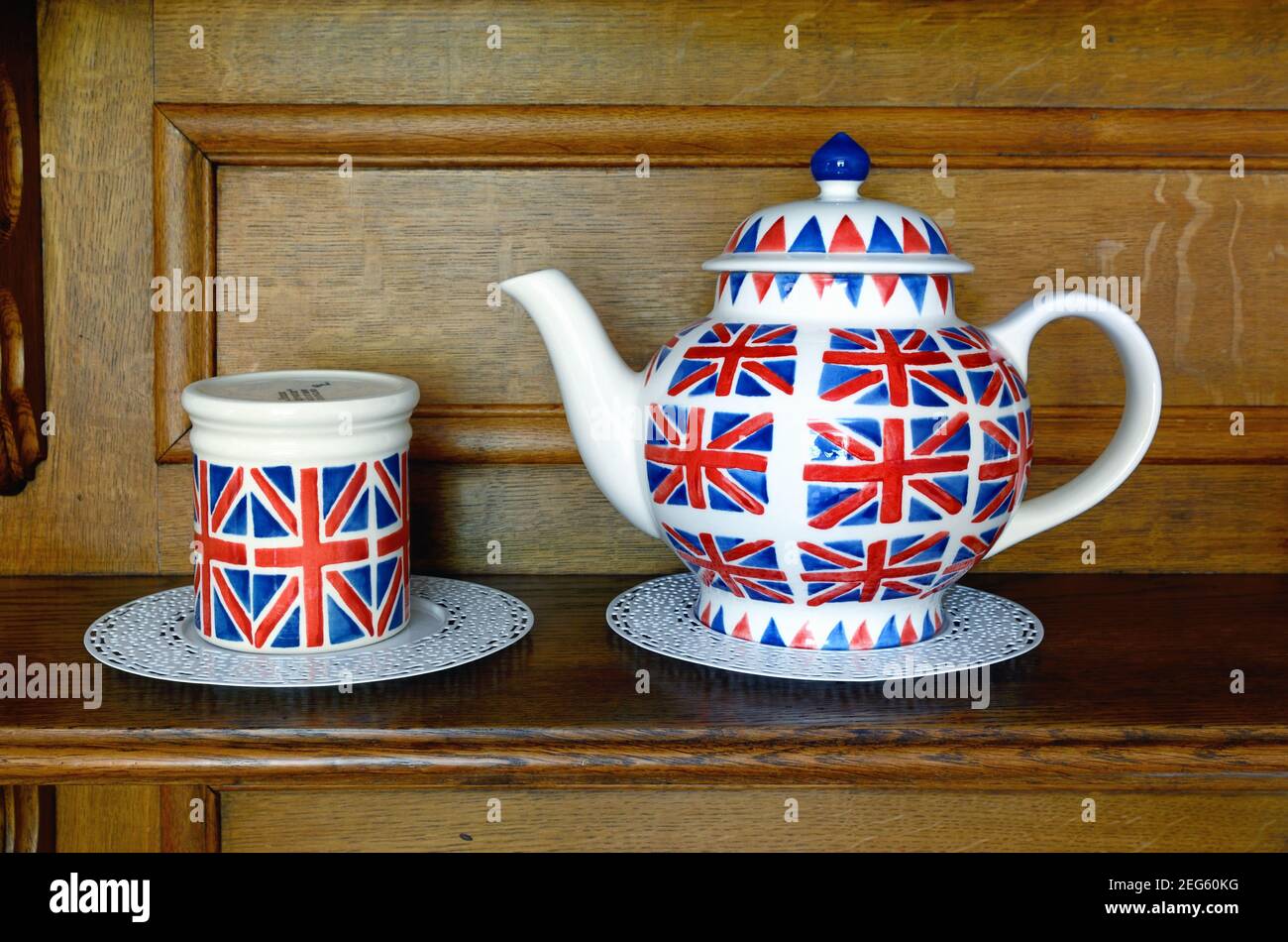 British Themed Mug & Teapot Decorated with British Flag or Union Jack Stock Photo