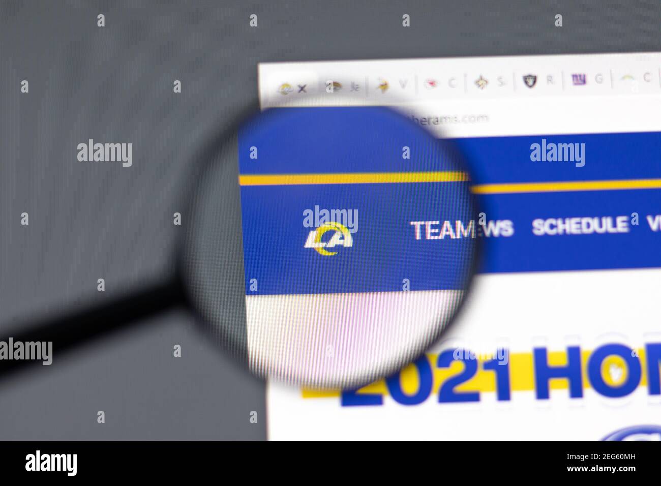 New York, USA - 15 February 2021: Los Angeles Rams website in browser with company logo, Illustrative Editorial Stock Photo