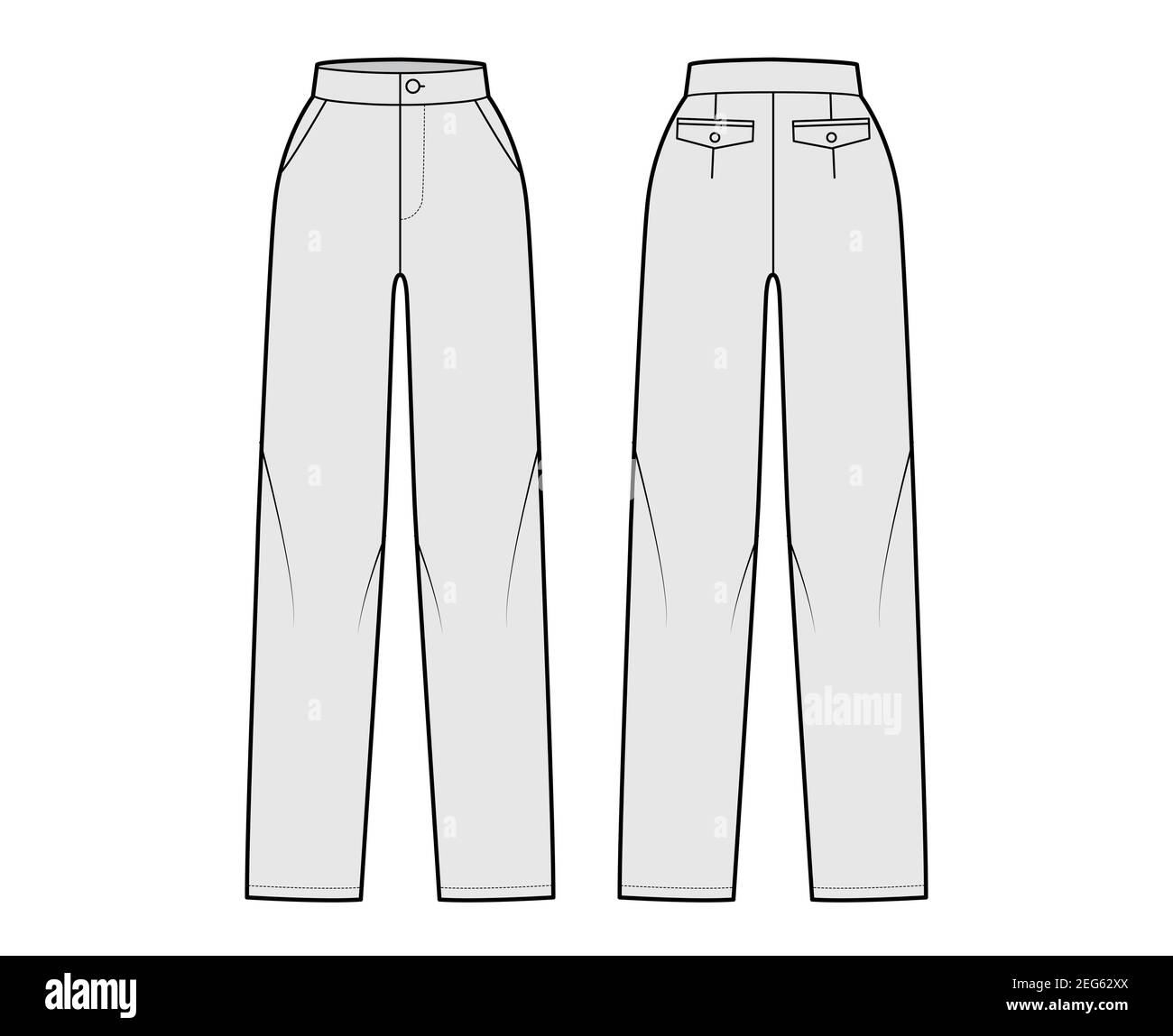 Pants straight technical fashion illustration with flat front, normal ...