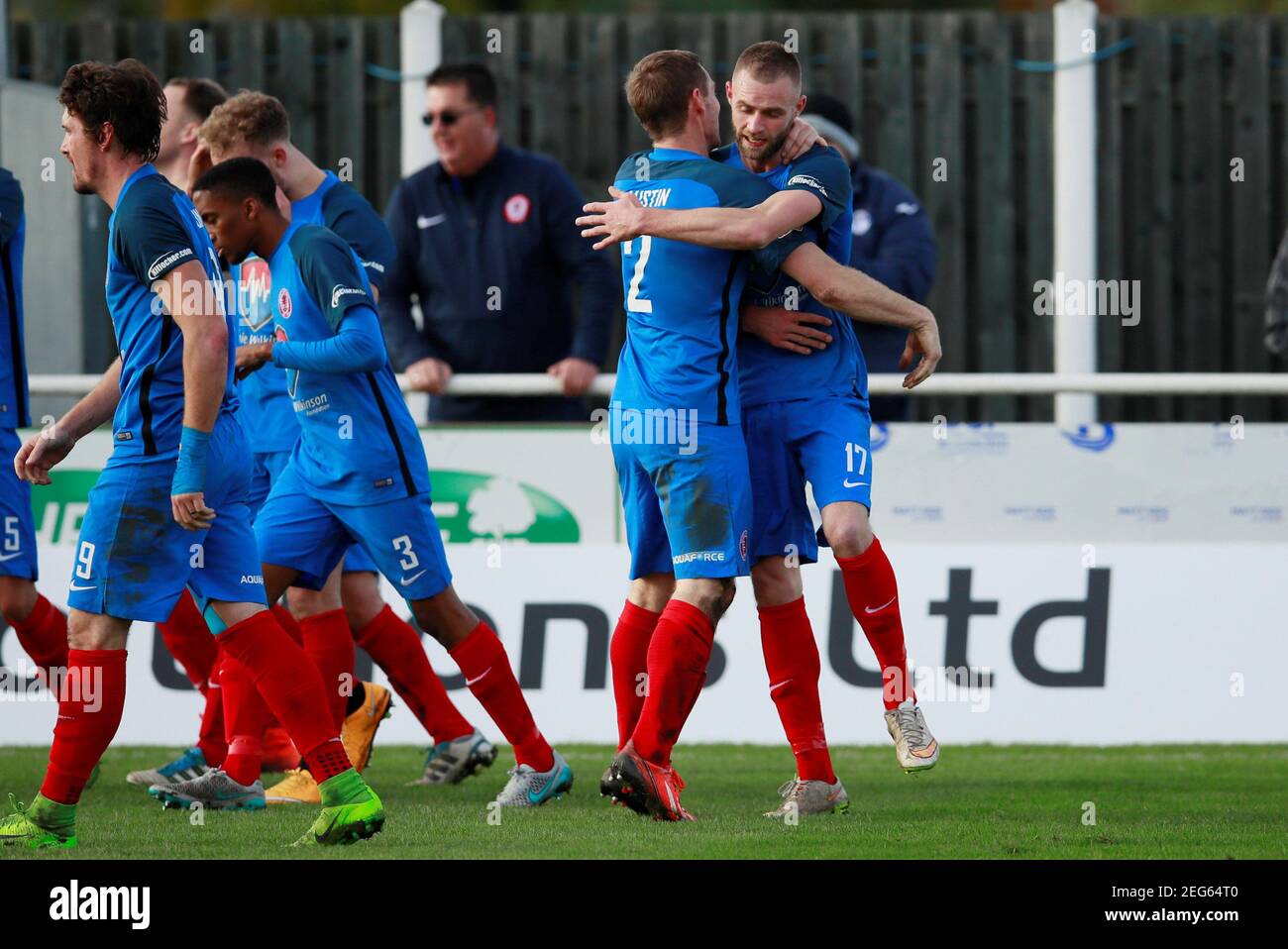 Soccer Football - FA Cup First Round - Shaw Lane AFC vs Mansfield Town -  Sheerien Park, Barnsley, Britain - November 4, 2017 Shaw Lane's Lee Bennett  celebrates scoring their first goal