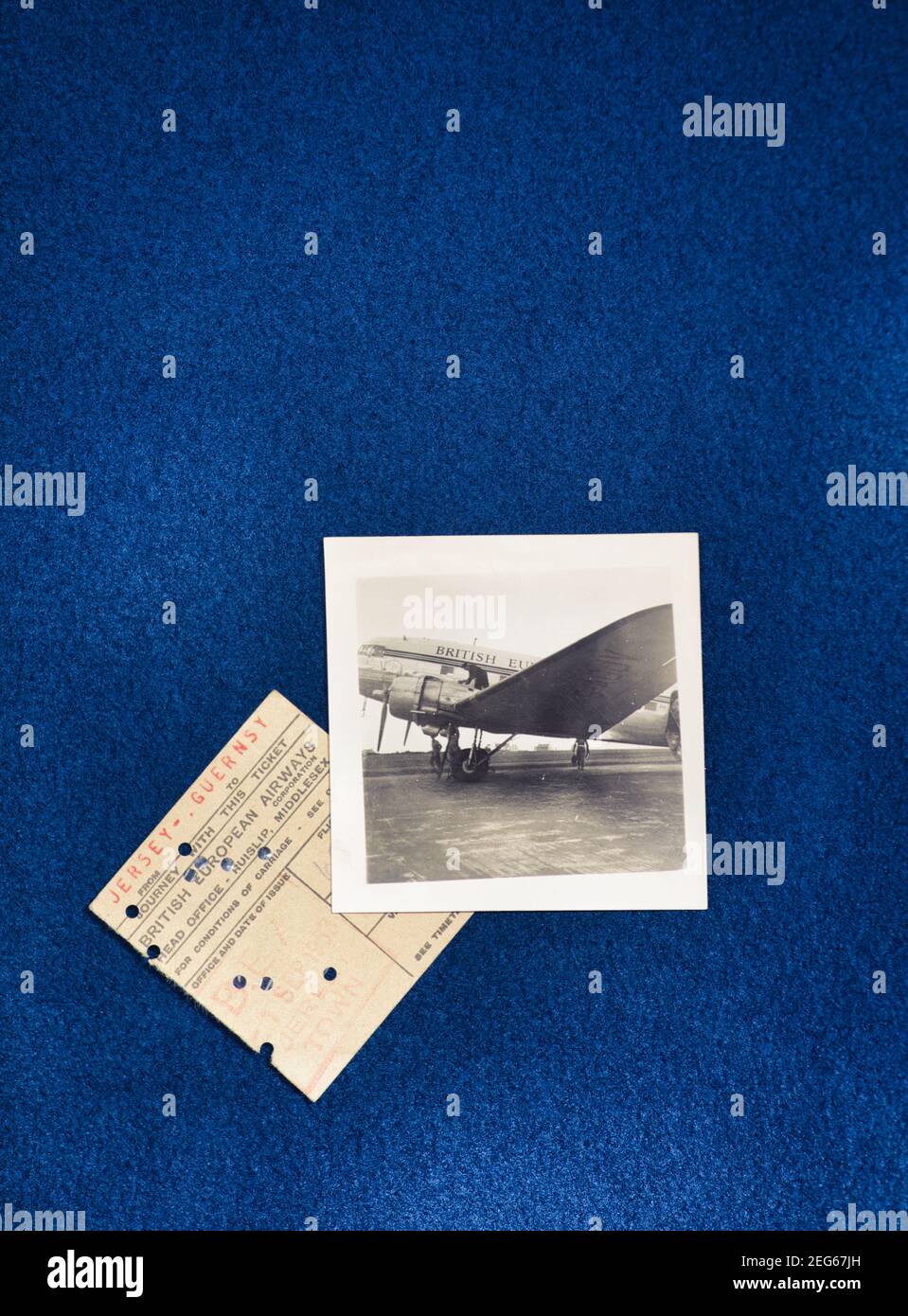 British European Airways passenger plane at Jersey airport and Jersey to Guernsey ticket from 1953. Concept nostalgia, yesteryear, reminisce Stock Photo