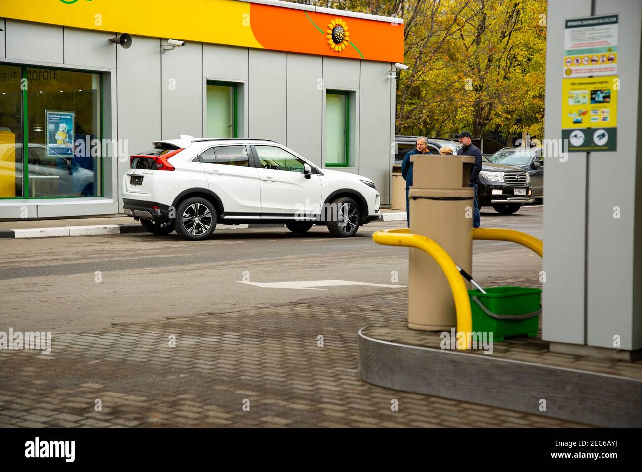 MOSCOW, RUSSIA - SEPTEMBER 30, 2019: A new car off-road vehicle Mitsubishi Eclipse Cross with Internal combustion engine stands at a Rosneft gas stati Stock Photo