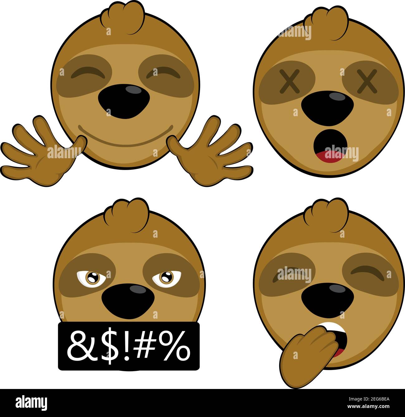 Vector illustration cartoon of a sloth with various expressions: yawning, smiling, cursing, dead eyes Stock Vector