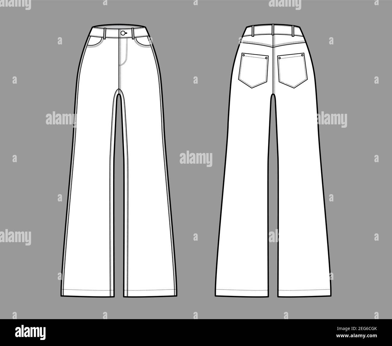 Jeans wide leg Denim pants technical fashion illustration with full length,  normal waist, rise, 5 pockets,