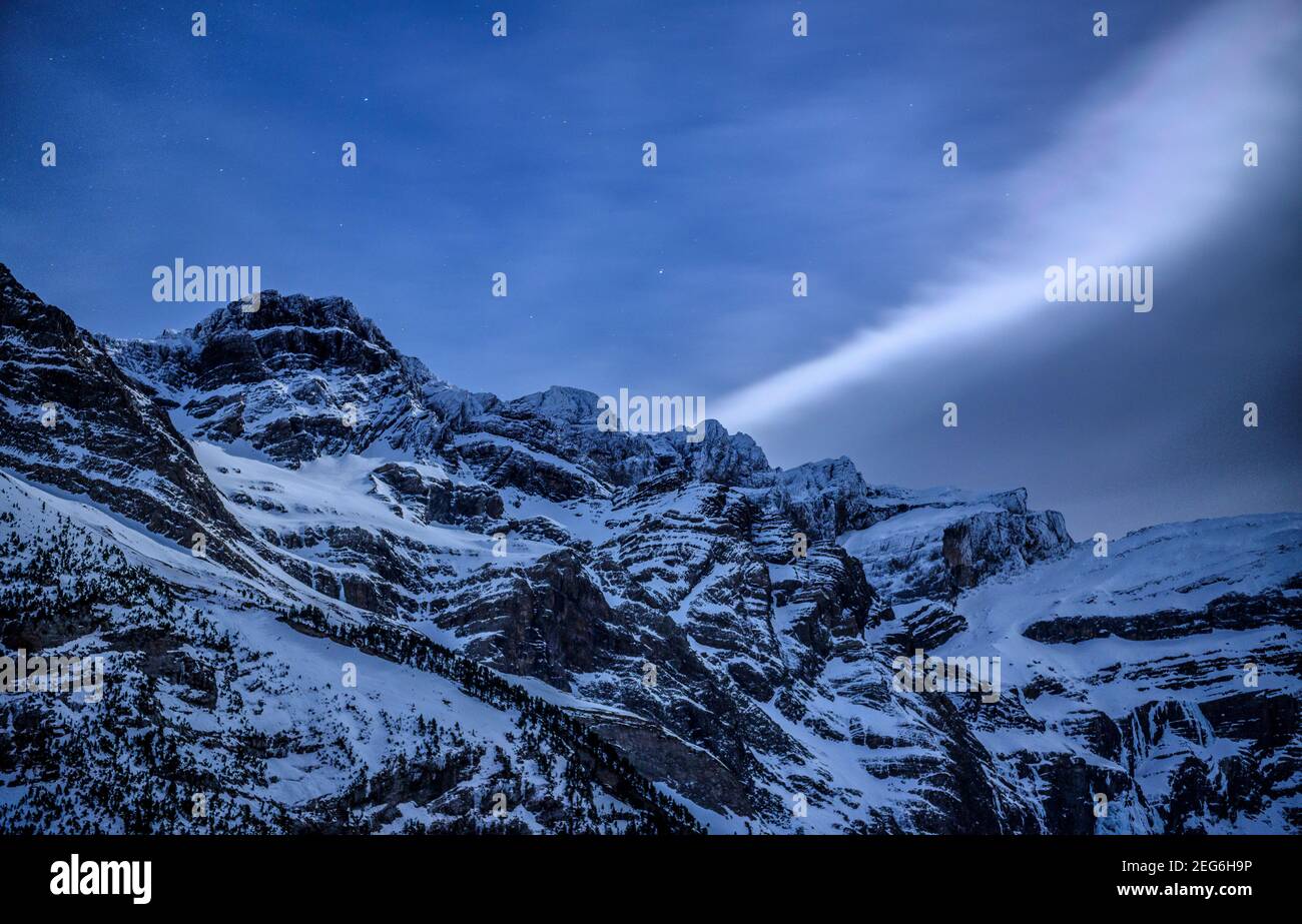Winter cold night at Cirque de Gavarnie and Marboré summit (Midi-Pyrénées, Pyrenees, France) Stock Photo