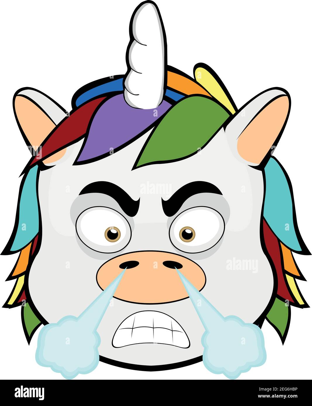 Vector emoticon illustration cartoon of a unicorn´s head with angry expression coming out of nose smoke Stock Vector