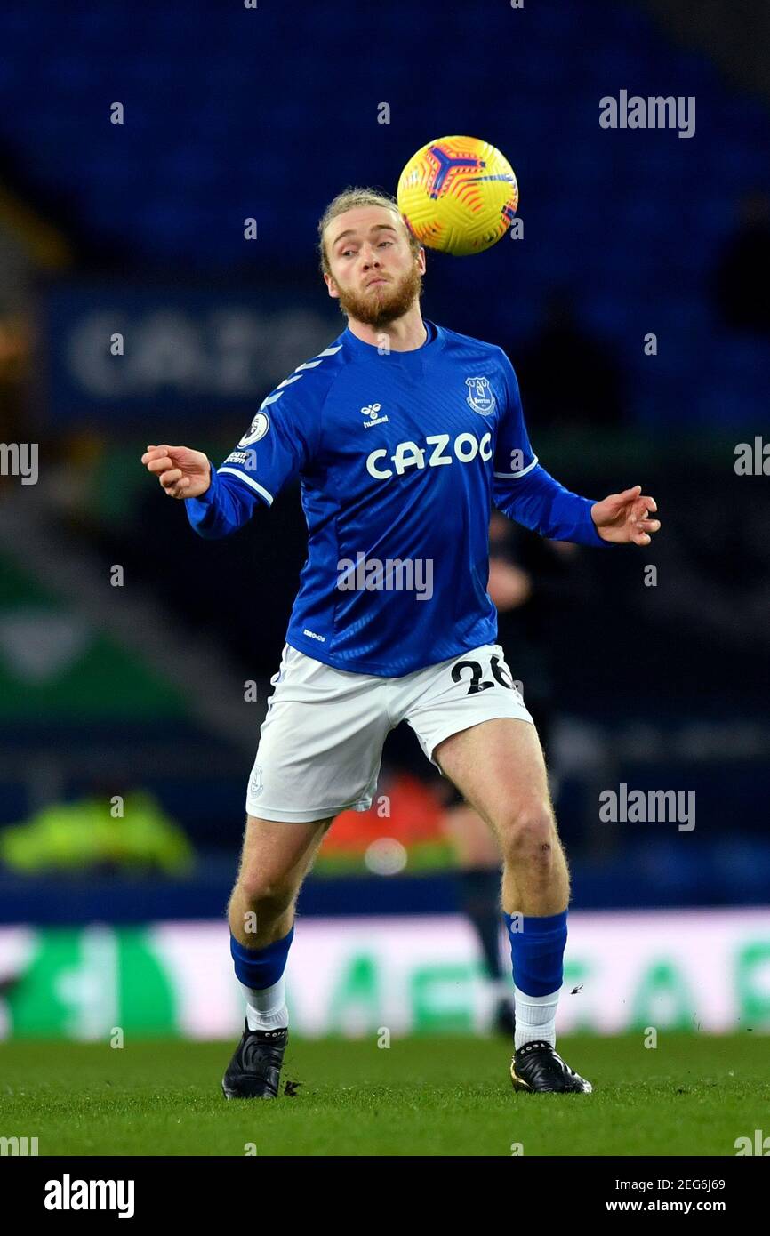 Liverpool, United Kingdom, 17th February 2021. Everton’s Tom Davies. Credit: Anthony Devlin/Alamy Live News Stock Photo