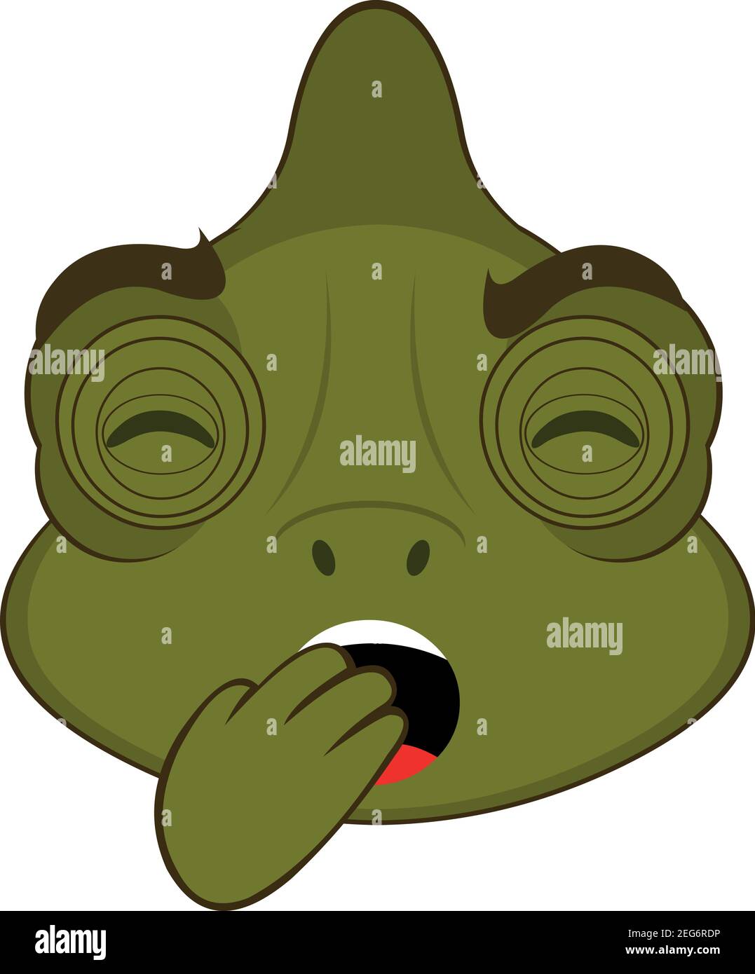 Vector emoticon illustration cartoon of a chameleon´s head with a tired expression, yawning, covering his mouth with his hand Stock Vector