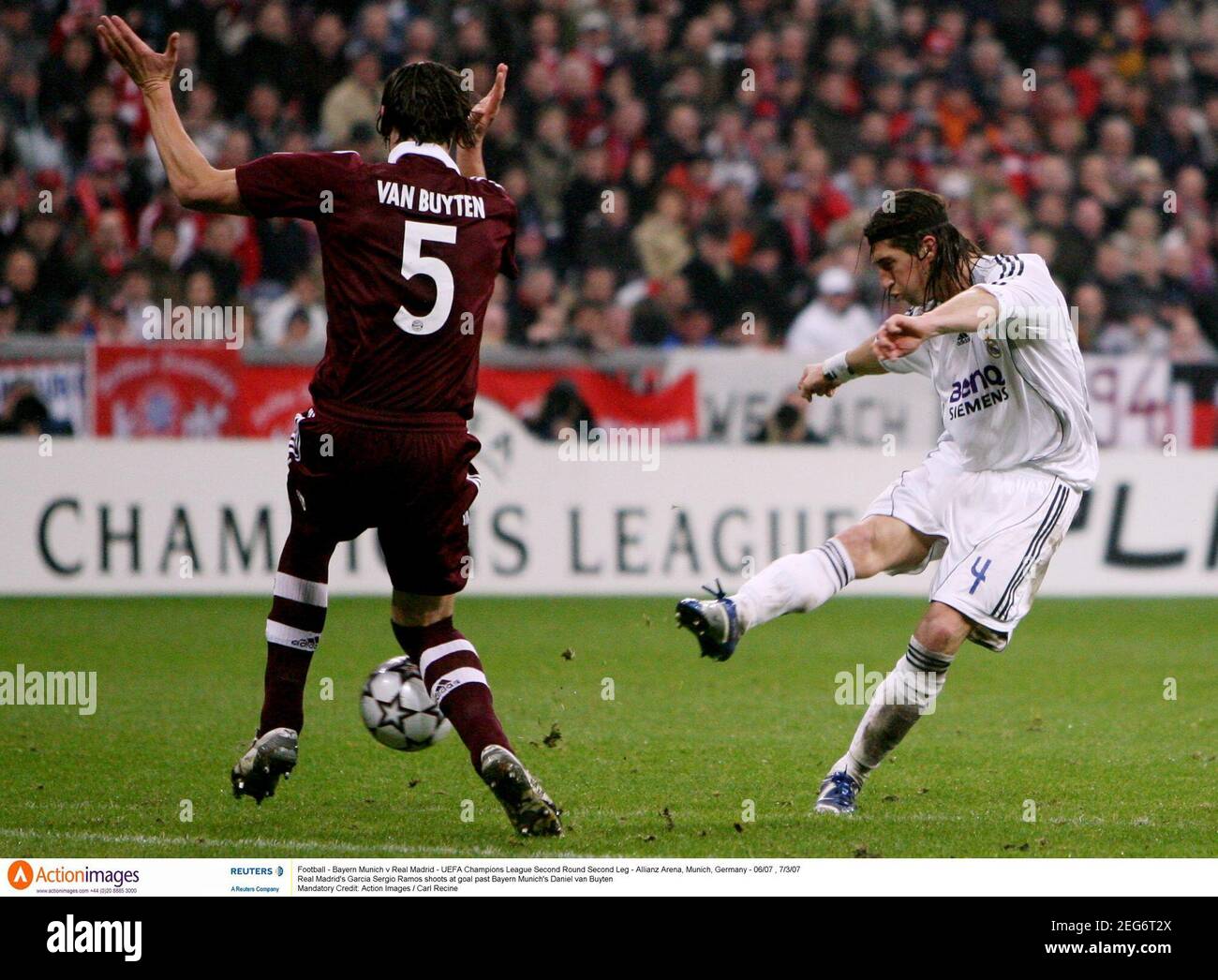 Football - Bayern Munich v Real Madrid - UEFA Champions League Second Round  Second Leg - Allianz Arena, Munich, Germany - 06/07 , 7/3/07 Real Madrid's  Garcia Sergio Ramos shoots at goal