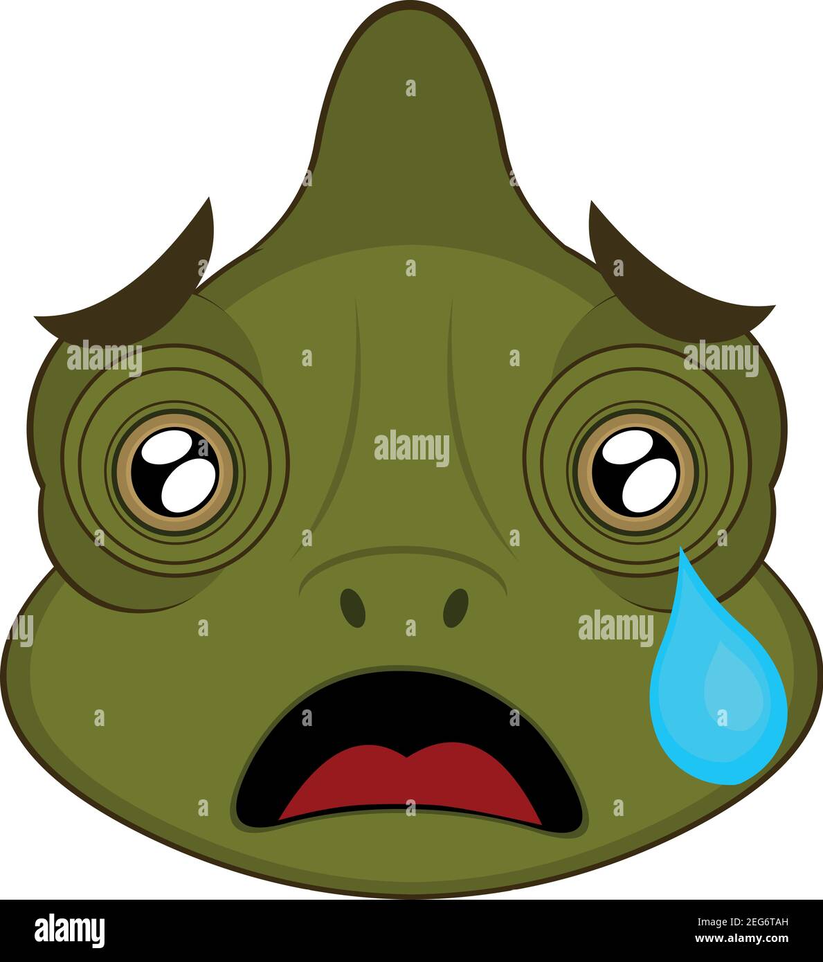 Vector emoticon illustration cartoon of a chameleon´s head with a sad expression and crying with a tear falling from its eye over its cheek Stock Vector