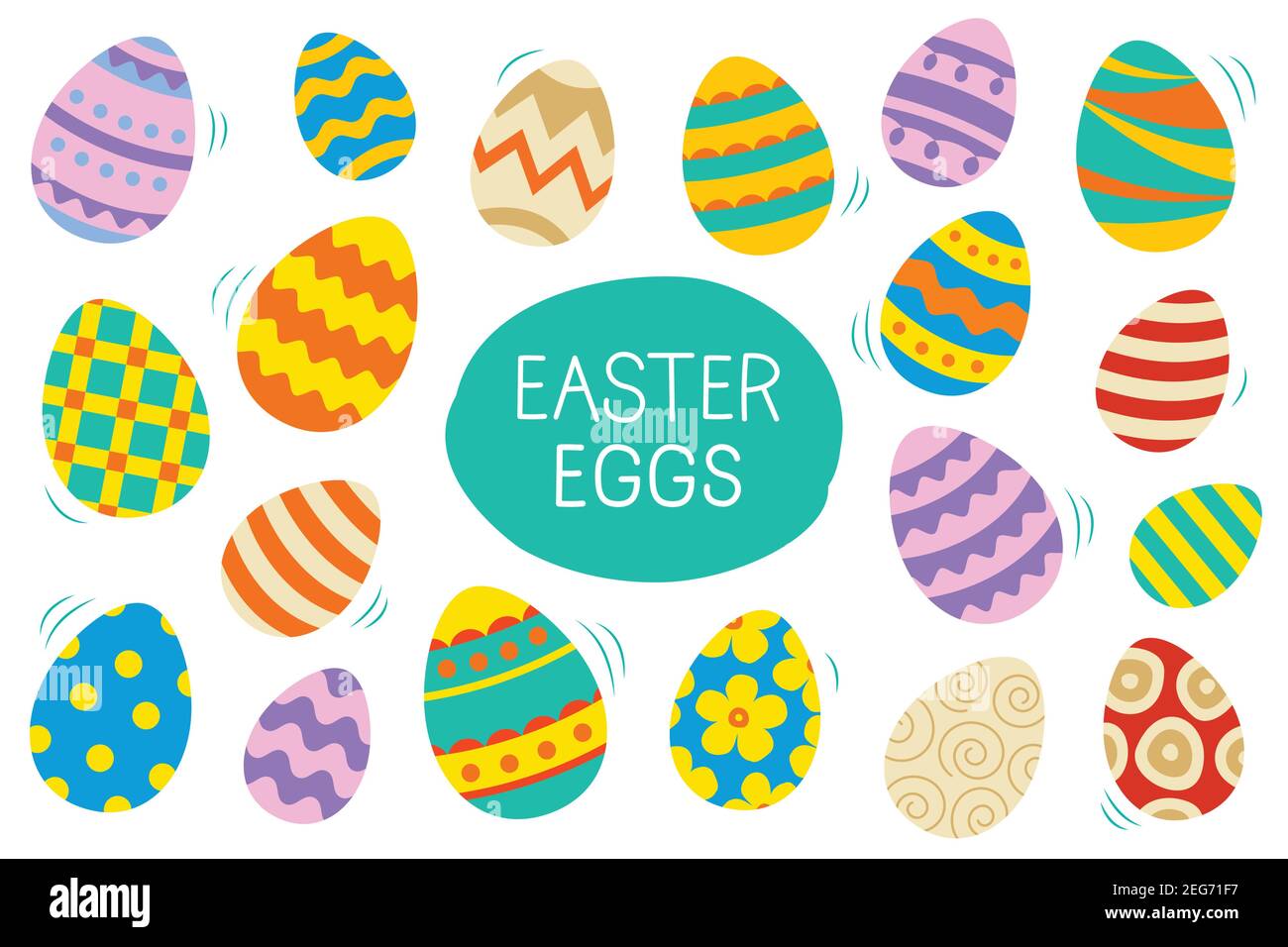 Easter eggs set doodle and color style. Happy easter colorful flat design isolated on white background. Stock Vector