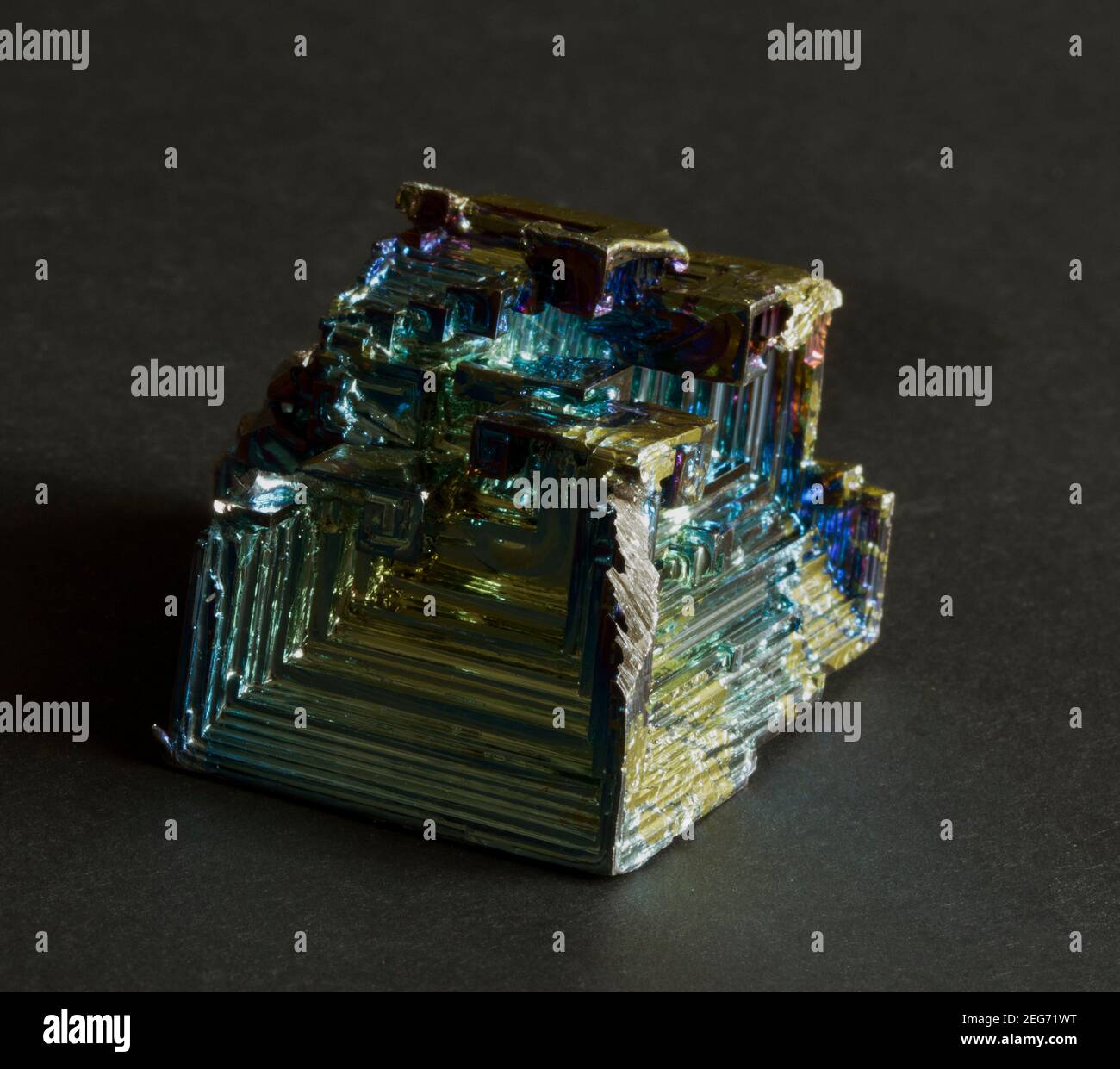 The distinctive stepped crystals of metallic Bismuth. The colourful