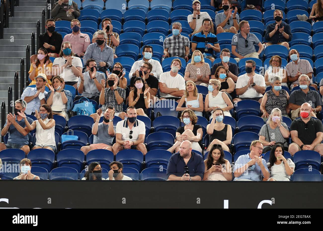 Melbourne, Australia. 18th Feb, 2021. Spectators watch the mens singles semifinal between Serbias Novak Djokovic and Russias Aslan Karatsev at Australian Open in Melbourne Park in Melbourne, Australia, Feb