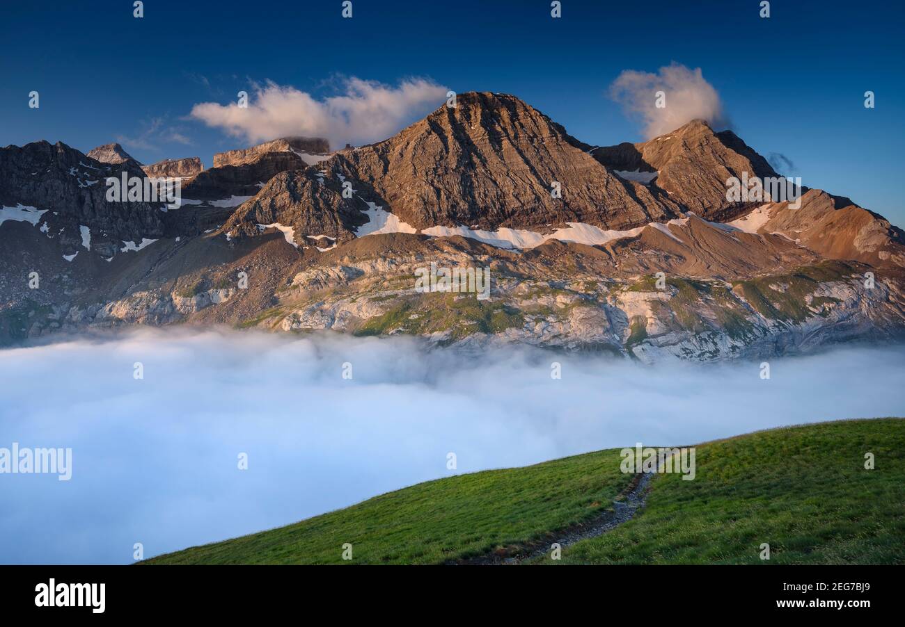 Roland's Breech and Taillón summit viewed from Col de Tentes (Gavarnie, Pyrenees, France) Stock Photo