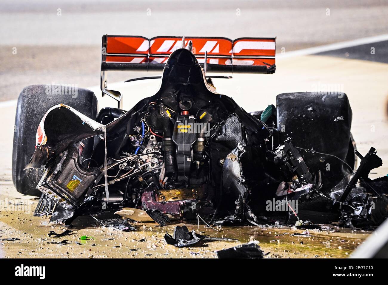 GROSJEAN Romain (fra), Haas F1 Team VF-20 Ferrari, debris of his car after his massive crash during the Formula 1 Gulf Air Bahrain Grand Prix 2020, from November 27 to 29, 2020 on the Bahrain International Circuit, in Sakhir, Bahrain - Photo DPPI Stock Photo