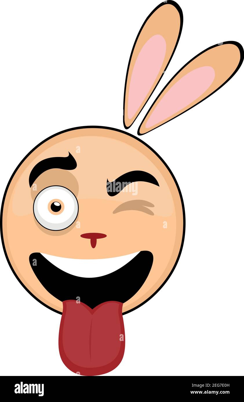 Vector emoticon illustration cartoon of a rabbit´s head with happy expression,  winking and sticking out his tongue with his mouth open Stock Vector