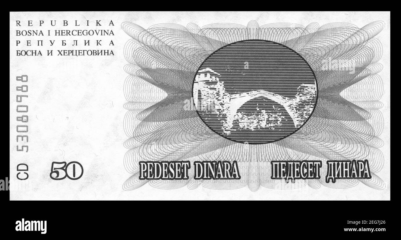 Bosnia Herzegovina Money Black And White Stock Photos Images Alamy   Photo Banknote Bosnia And Herzegovina 50 Dinars 1992 2EG7J26 