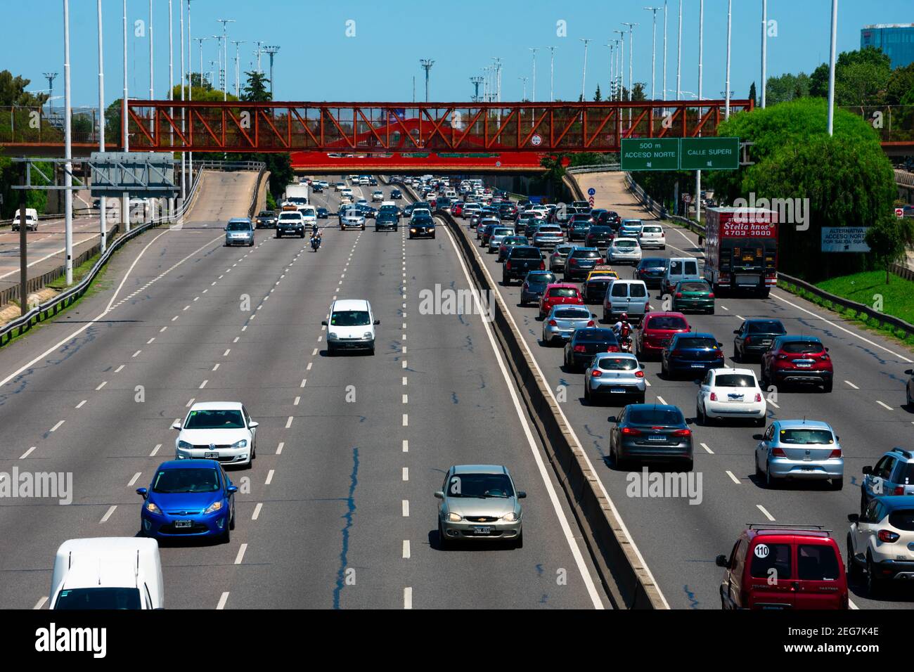 Buenos Aires, Argentina. February 6, 2021. View of General Paz Avenue and a pedestrian iron bridge Stock Photo