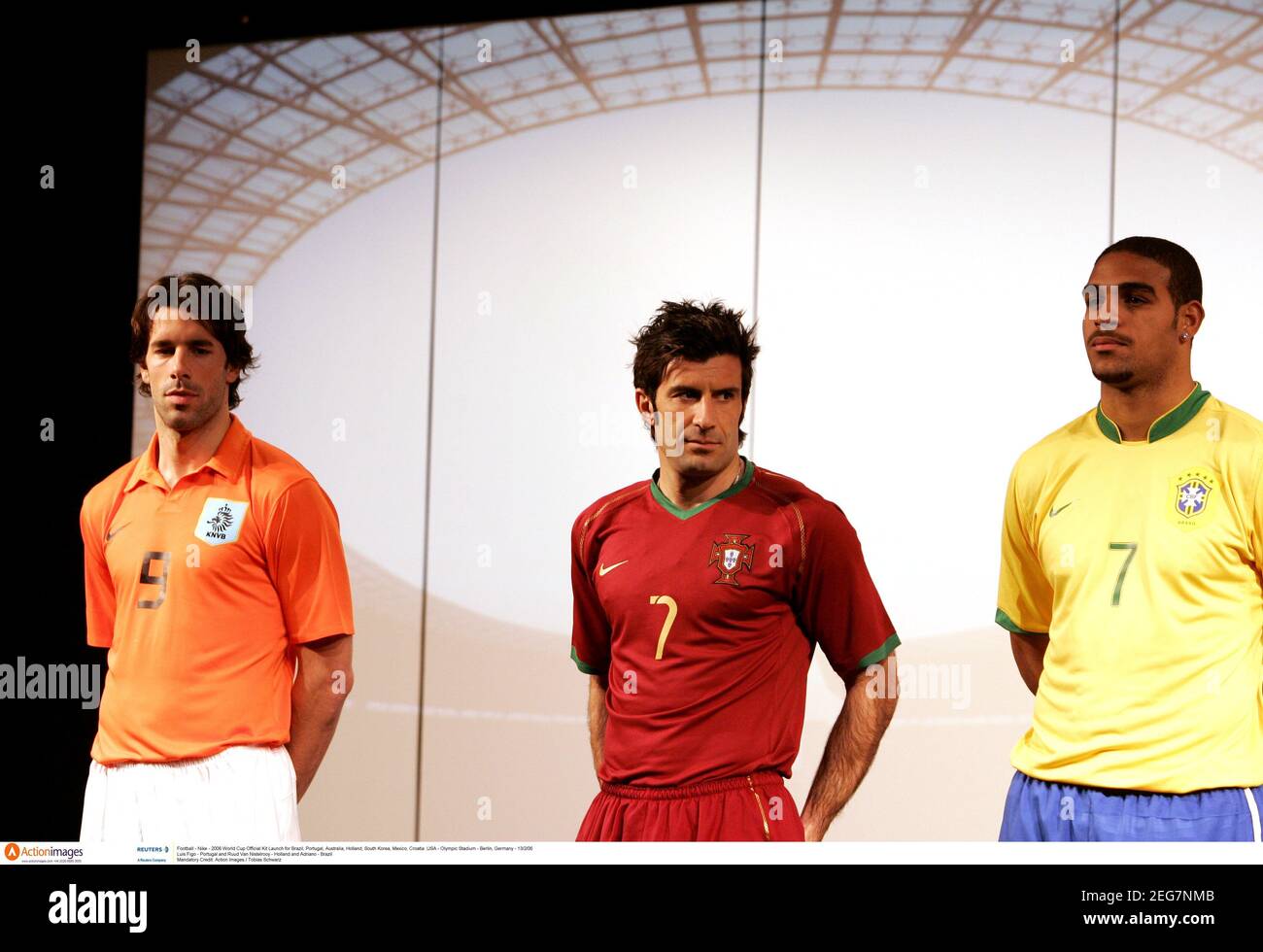 Football - Nike - 2006 World Cup Official Kit Launch for Brazil, Portugal, Australia, Holland, South Korea, Mexico, Croatia & USA - Olympic Stadium - Berlin, Germany - 13/2/06  Luis Figo - Portugal and Ruud Van Nistelrooy - Holland and Adriano - Brazil  Mandatory Credit: Action Images / Tobias Schwarz Stock Photo