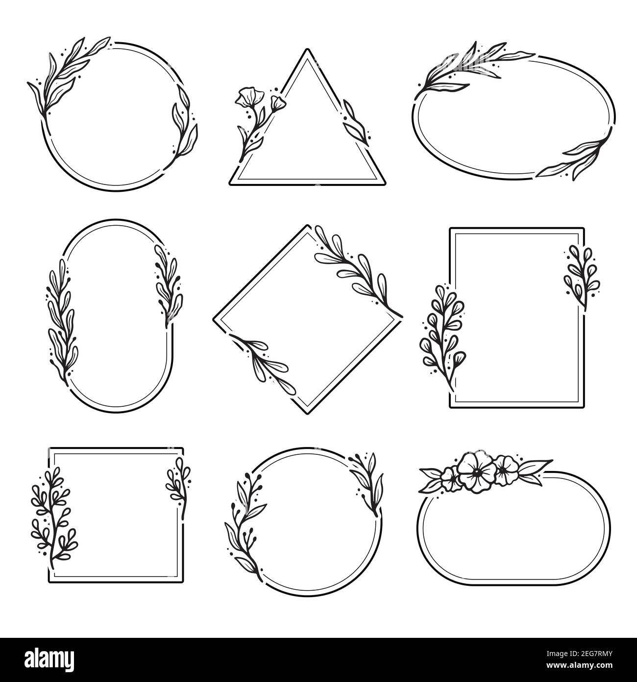 Set of geometric floral frame, border with leaves, wreaths, flower  elements. Hand drawn sketch pencil style. Perfect for invitation, greeting  card, social media, blog Stock Vector Image & Art - Alamy