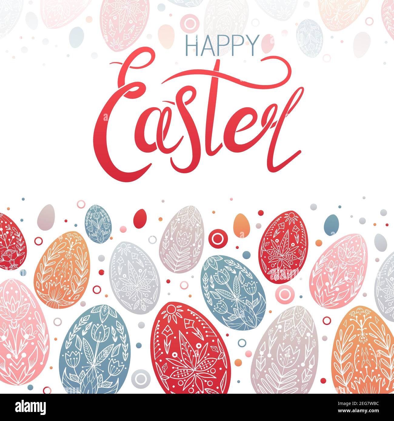 Happy Easter. Card of an Easter egg with geometric floral pattern with tribal decorations and lettering. Festive spring treat with wishes. Postcard wi Stock Vector
