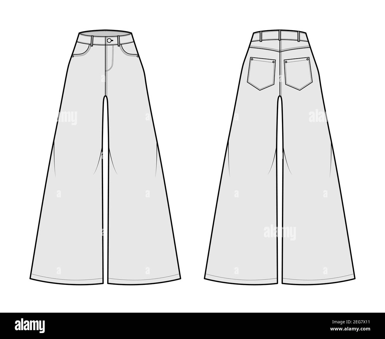 Jeans Baggy wide Pants Denim technical fashion illustration with normal ...