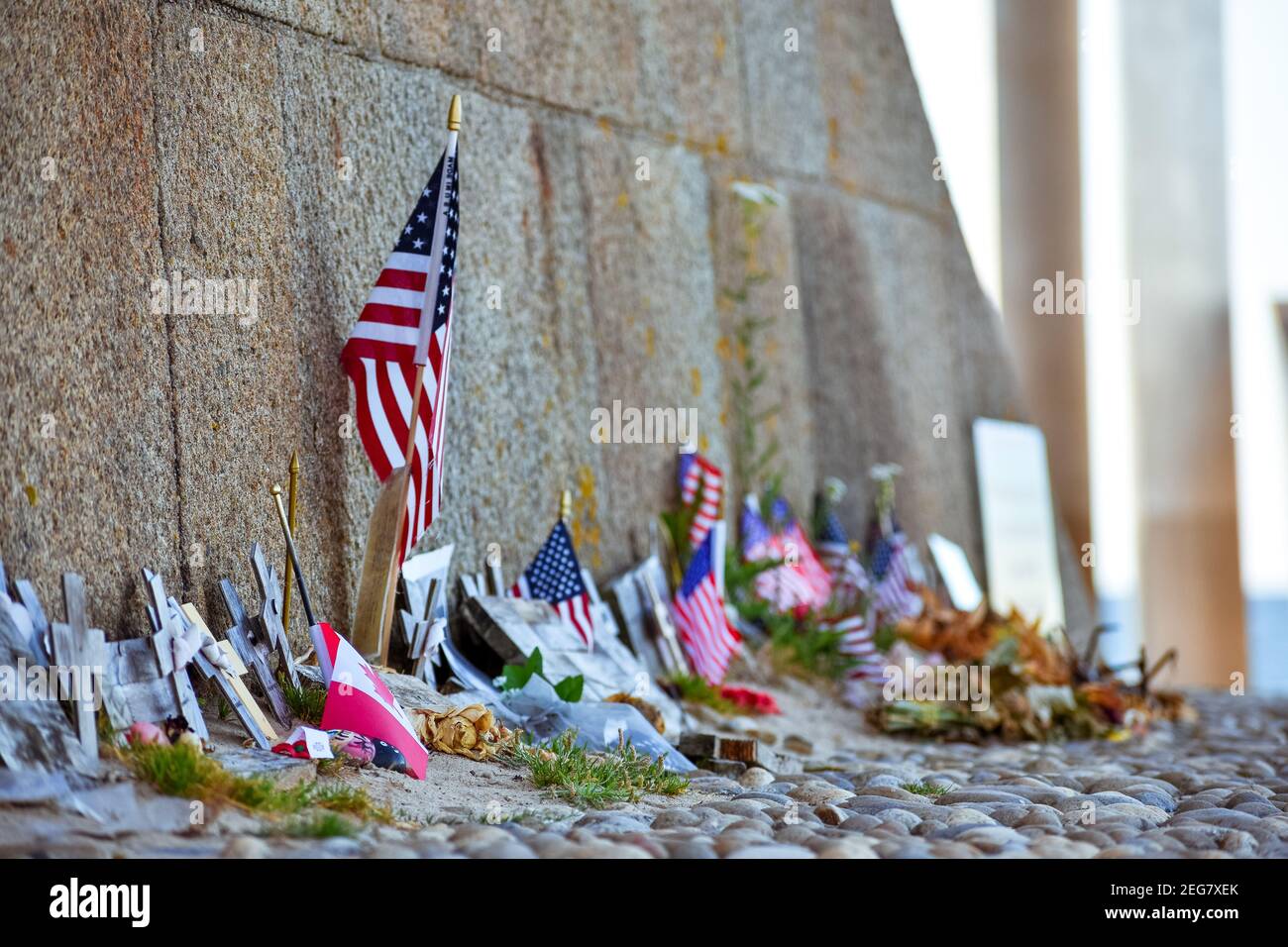 NORMANDY, FRANCE - July 4, 2017:detail of U.S. flag in the Monument to the Brave on the Historic beach called Omaha Beach in Vierville-sur-Mer, from t Stock Photo