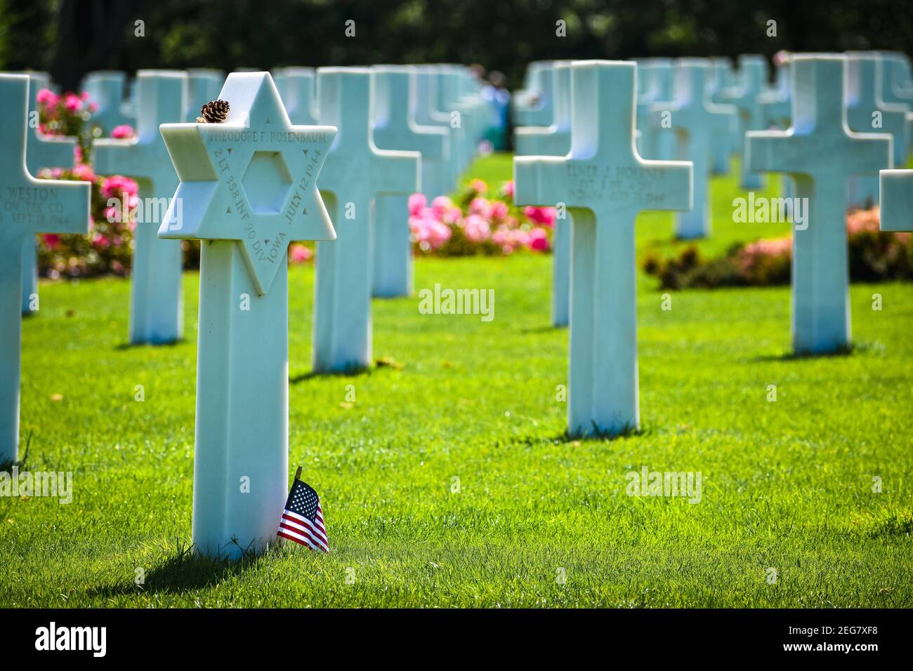 NORMANDY, FRANCE - July 5, 2017: Tombstone detail with Jewish star in the American cemetery of the Battle of the Normandy landings during the Second W Stock Photo