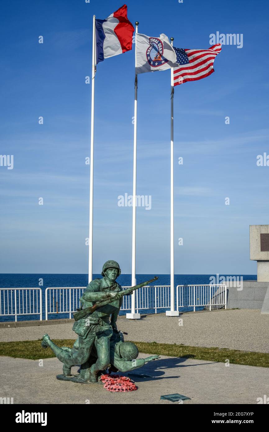 NORMANDY, FRANCE - July 4, 2017: Wounded Soldier Memorial in the historic beach called Omaha Beach in Vierville-sur-Mer, the battle of the Normandy la Stock Photo