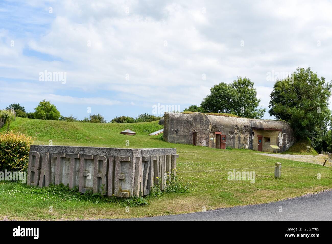 NORMANDY, FRANCE - July 4, 2017: Logo and entrance to the historic site of Batterie d'Azeville, in the battle of the Normandy landings during the Seco Stock Photo