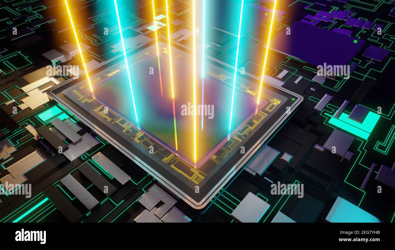 Digital Camera Sensor Light Rays Ai Dual Chip Core 3d Rendering Macro Motherboard Stock Photo Alamy