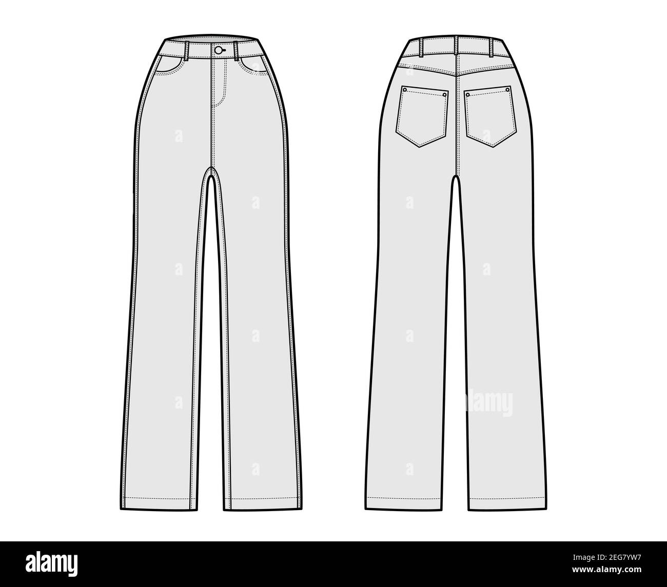 Jeans Denim pants technical fashion illustration with full length, normal  waist, rise, 5 pockets, Rivets, belt