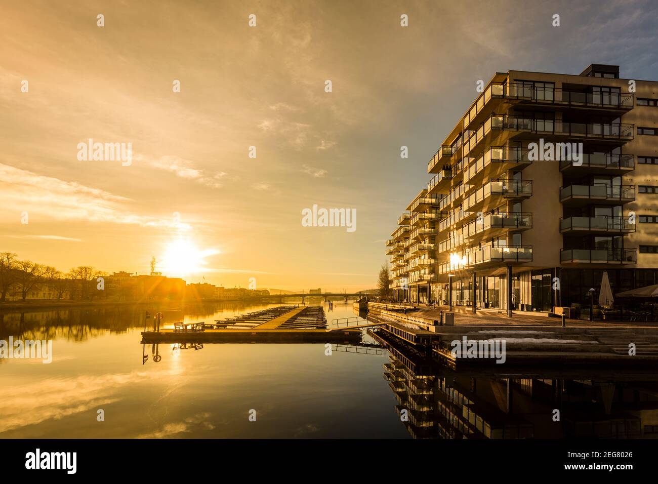 Sunrise in Drammen, Norway with new apartment buildings just next to Drammenselven (Drammen river) Stock Photo