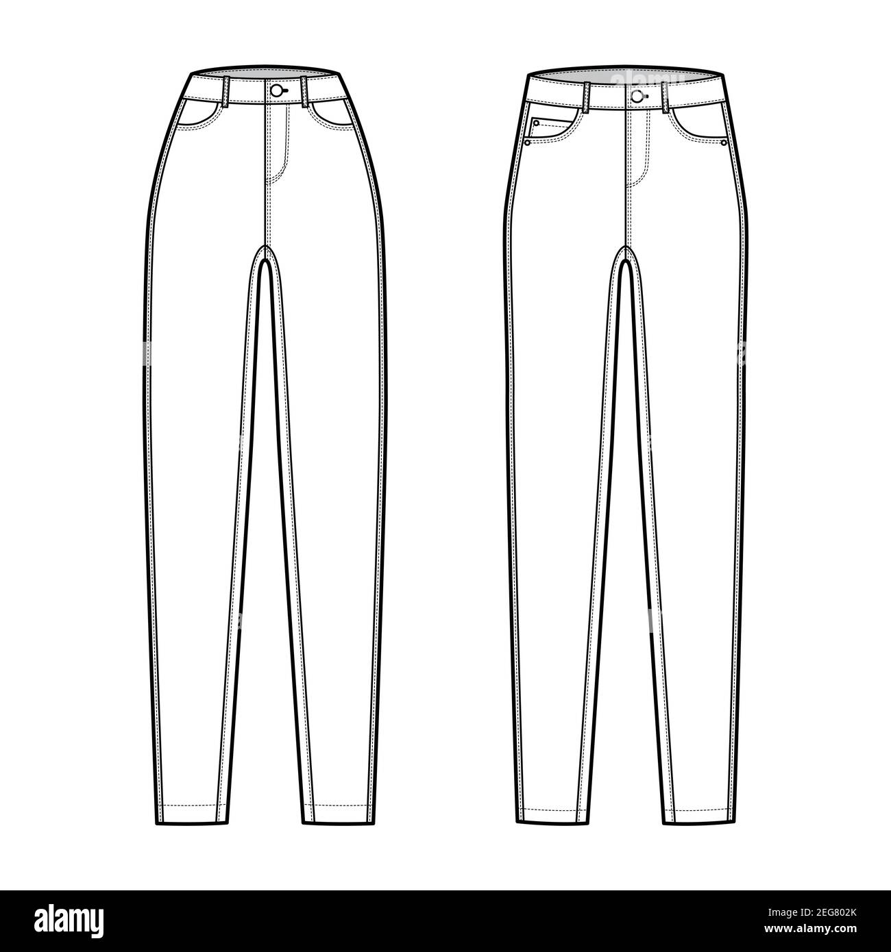 Set of Jeans tapered Denim pants technical fashion illustration with full length, normal low