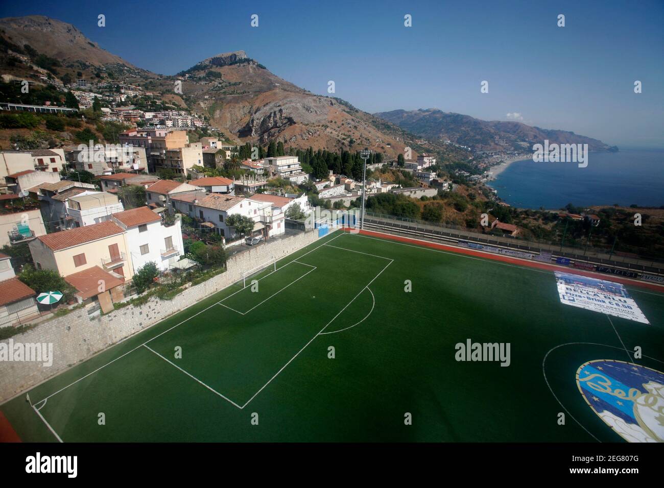 a soccer or football field with landscape and sea view in the centre in old Town of  Taormina in the province of Sicily in Italy.   Italy, Sicily, Oct Stock Photo