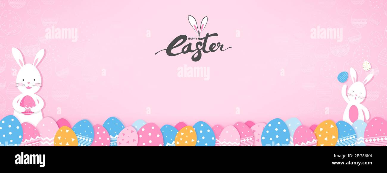 Cute bunnies and colorful Easter eggs on pink banner background Stock Vector