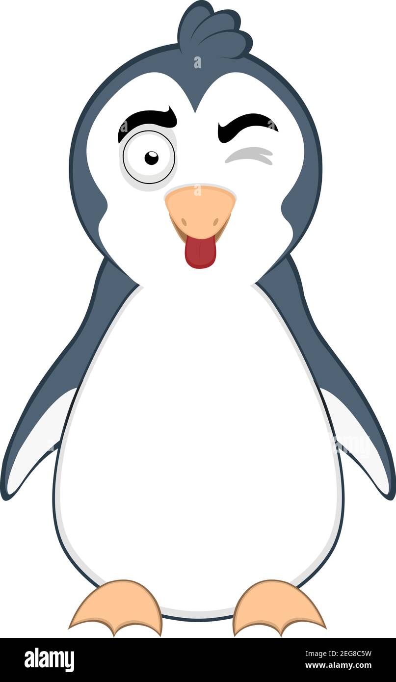 Vector  emoticon illustration cartoon  of penguin´s head with happy expression,  winking and sticking out his tongue with his mouth open Stock Vector