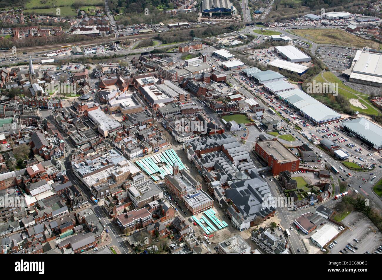 aerial view of Chesterfield town centre, Derbyshire, UK Stock Photo