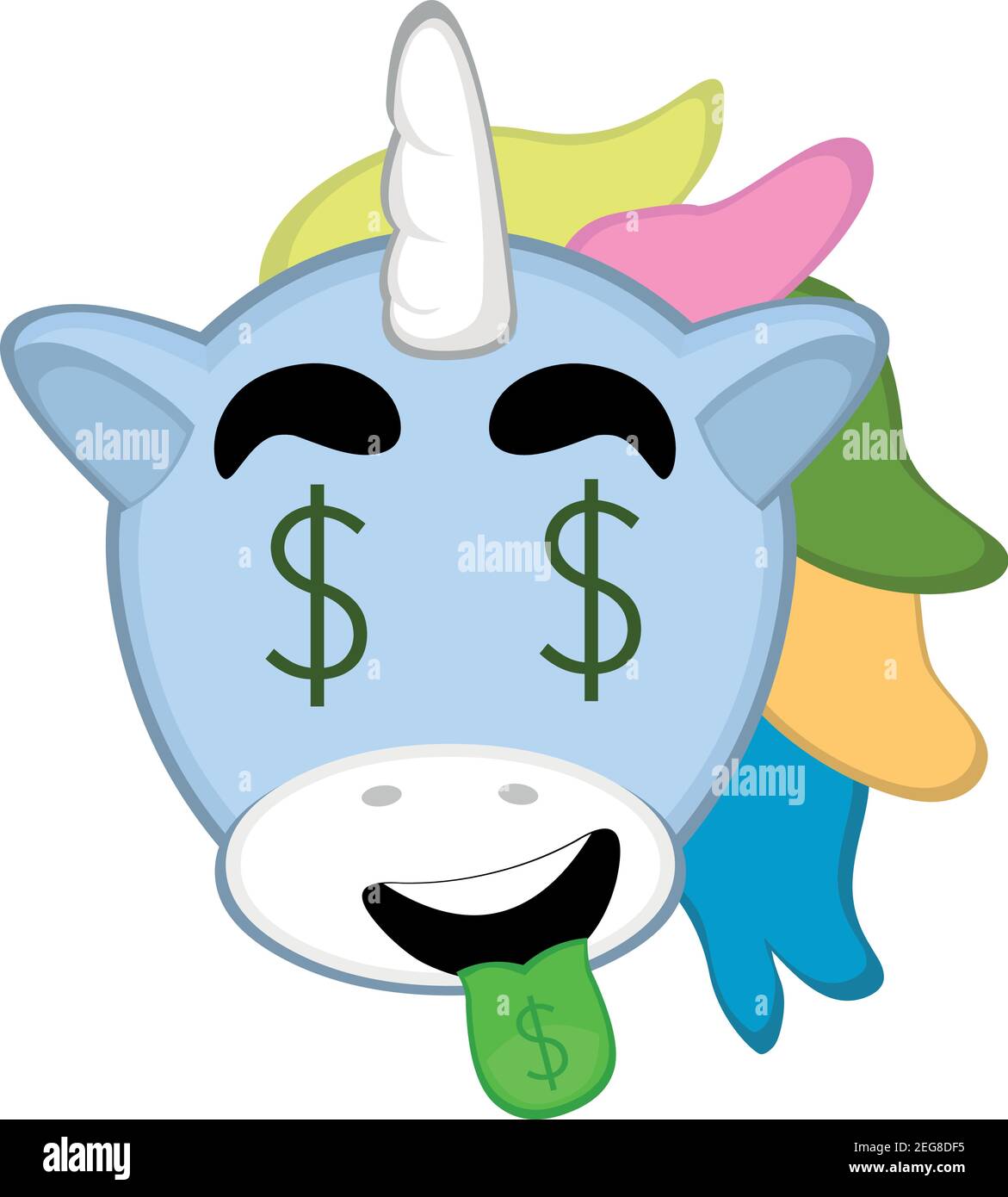 Vector emoticon illustration cartoon of an unicorn´s head having an happiness expression, with dollar signs in his eyes and his tongue Stock Vector