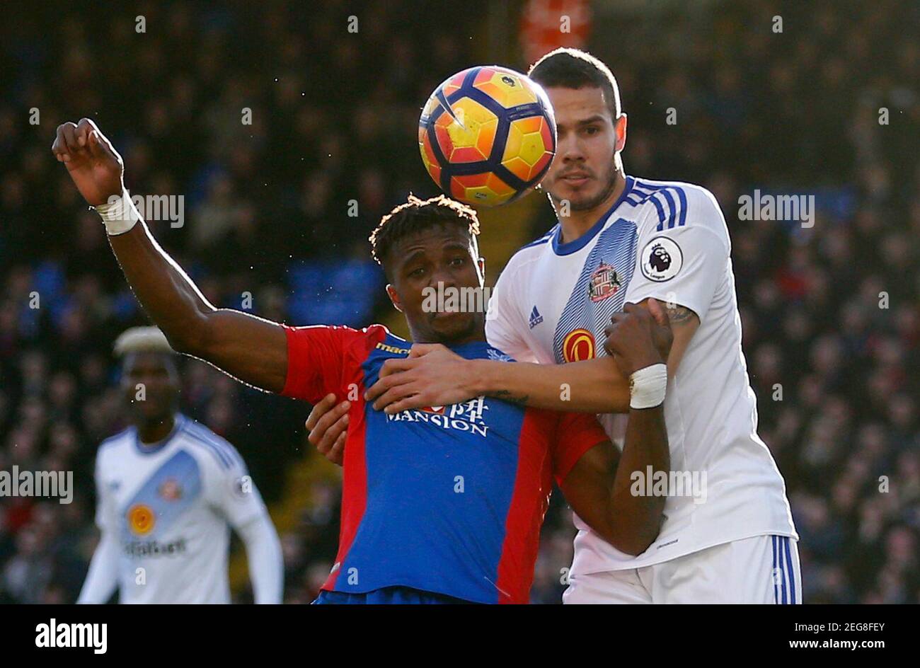Britain Football Soccer - Crystal Palace v Sunderland - Premier League - Selhurst Park - 4/2/17 Crystal Palace's Wilfried Zaha in action with Sunderland's Jack Rodwell  Reuters / Andrew Winning Livepic EDITORIAL USE ONLY. No use with unauthorized audio, video, data, fixture lists, club/league logos or 'live' services. Online in-match use limited to 45 images, no video emulation. No use in betting, games or single club/league/player publications.  Please contact your account representative for further details. Stock Photo